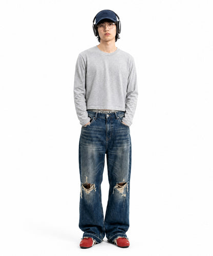 【C Wear シーウエア】Men's Crop Long Sleeve T-Shirt Gray