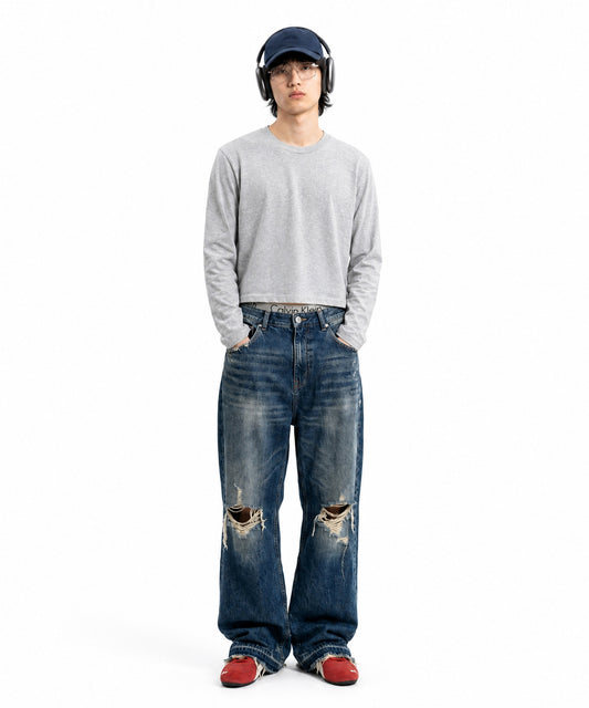 【C Wear シーウエア】Men's Crop Long Sleeve T-Shirt Gray
