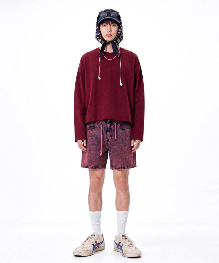 【C Wear シーウエア】Men's Crop Long Sleeve T-Shirt Burgundy