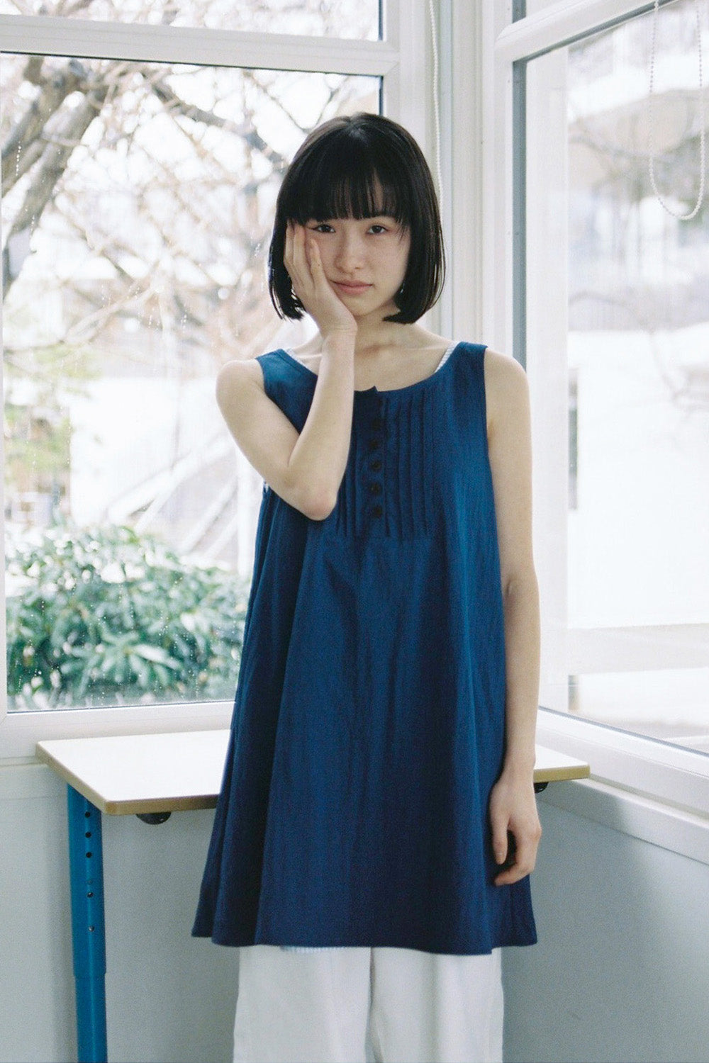 PINTUCK LAYERED MINI DRESS-BLUE