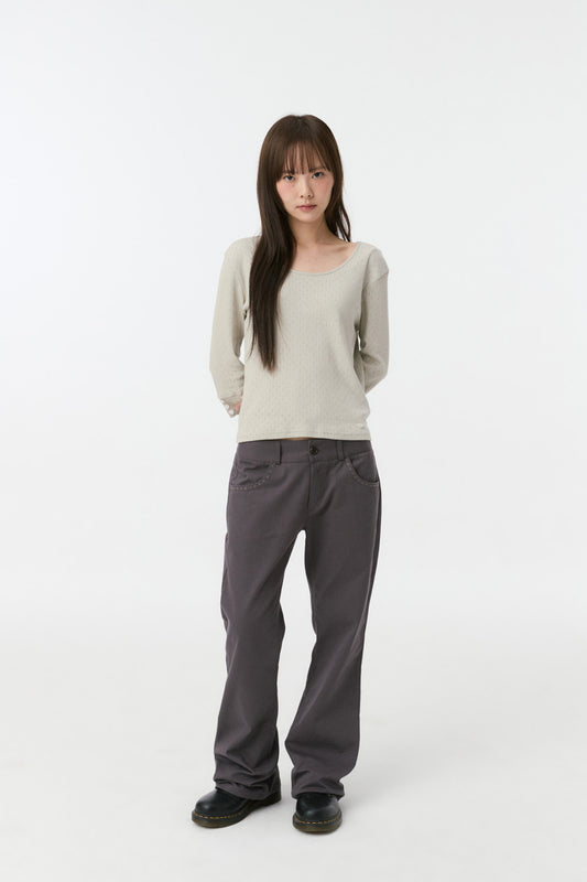 EMBROIDERY POCKET BOOTCUT PANTS, PURPLE