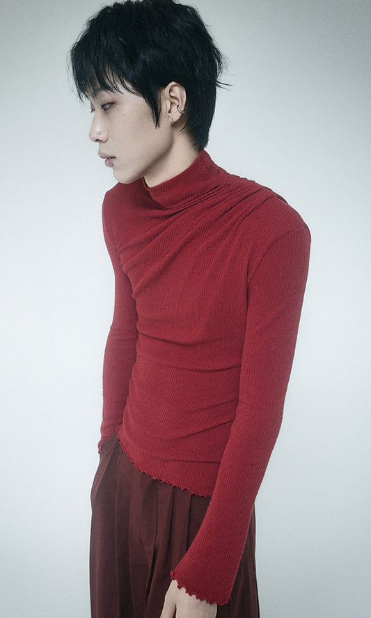 【Reculer レキュリー】Cowl string coloration draped T-shirt Red
