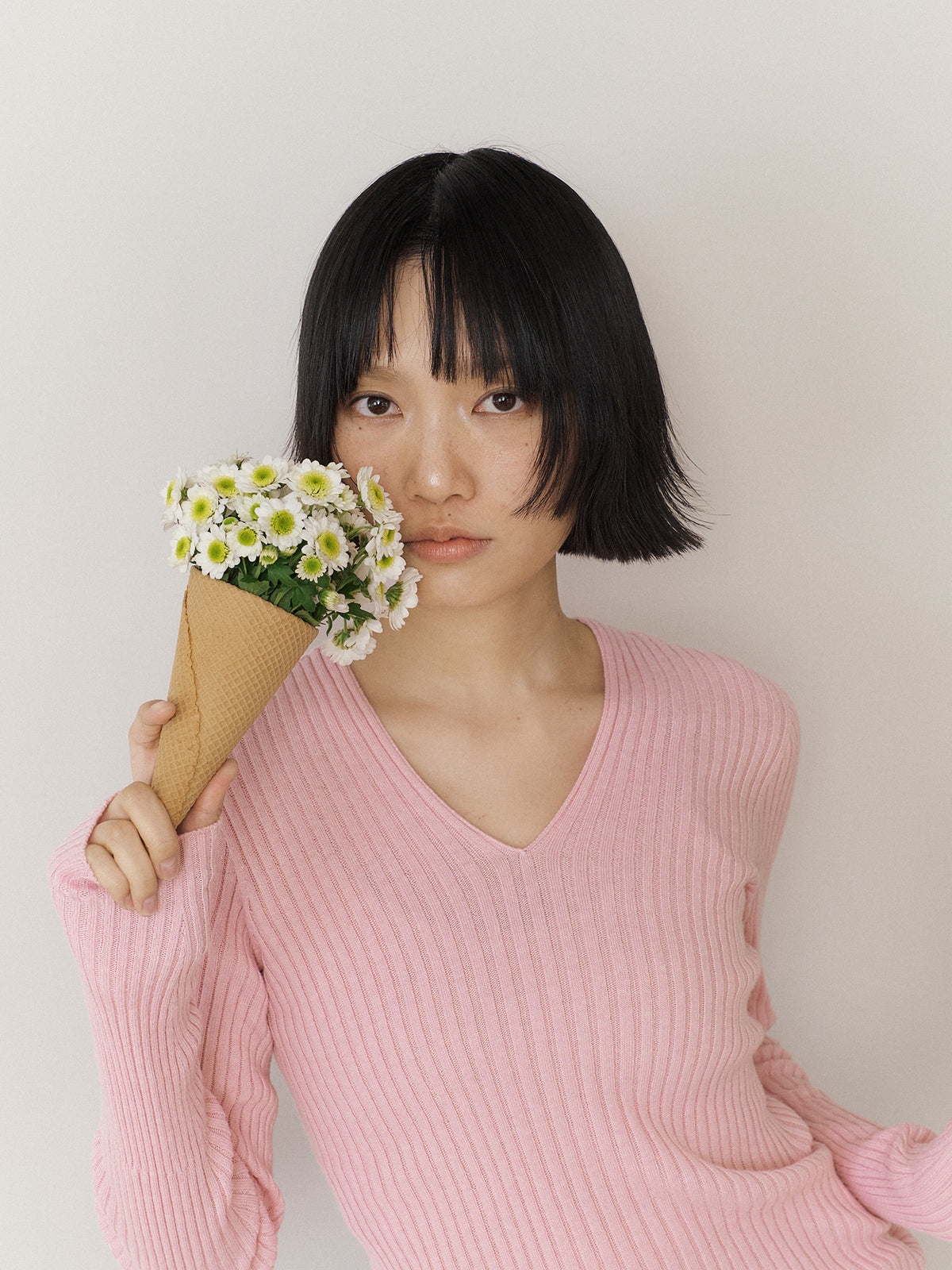 Double V-neck Rib Pullover - Pink 2