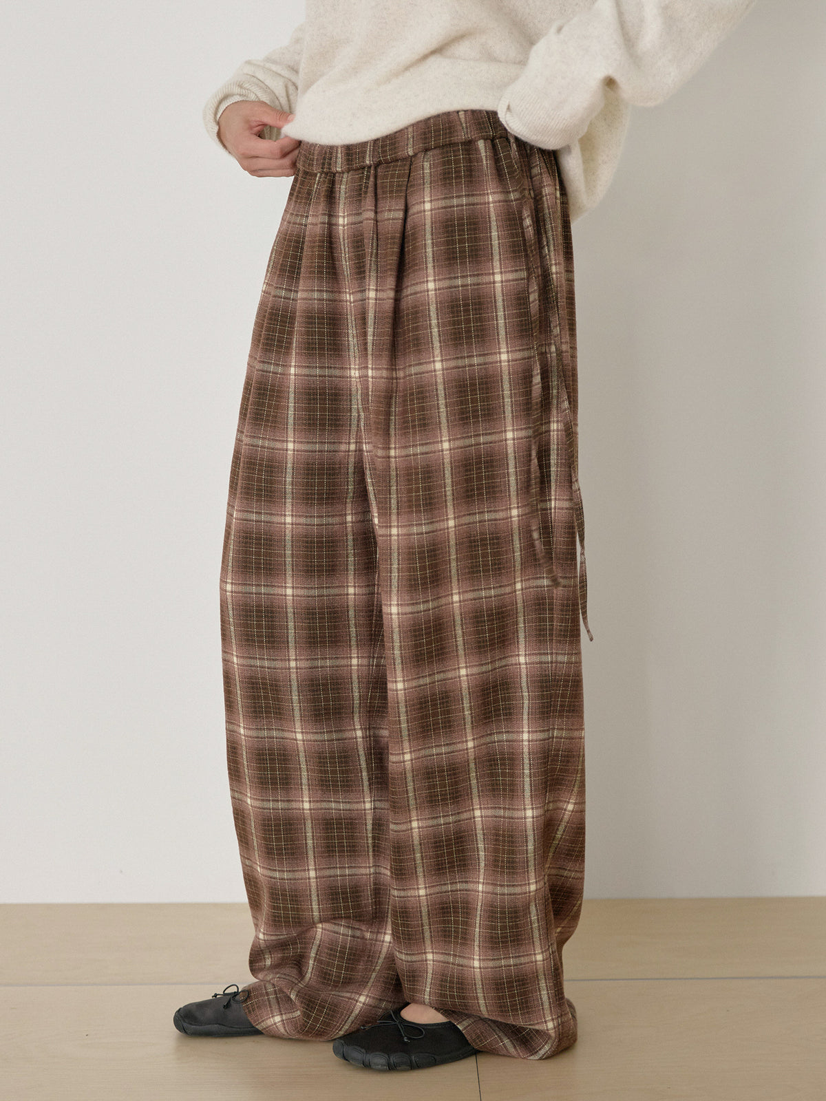 Side String Check Pants - Brown 5