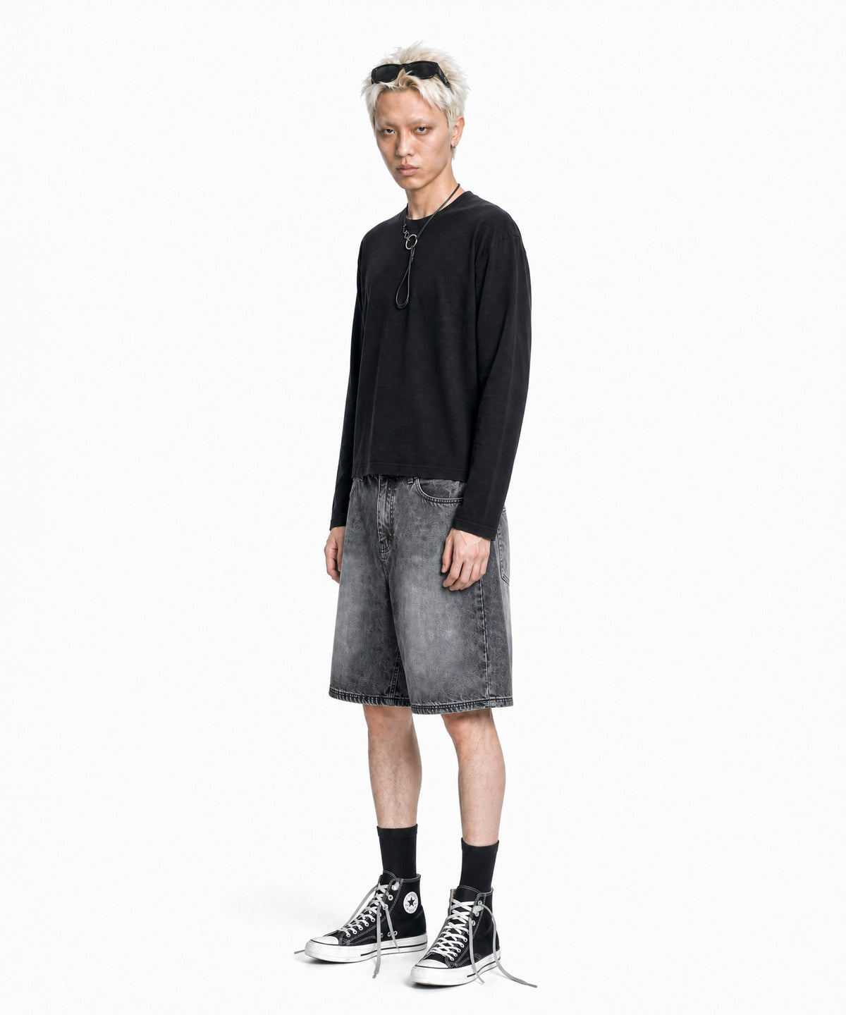 【C Wear シーウエア】Men's Crop Long Sleeve T-Shirt Black