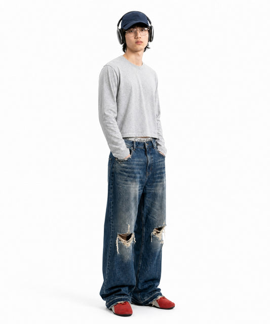 【C Wear シーウエア】Men's Crop Long Sleeve T-Shirt Gray