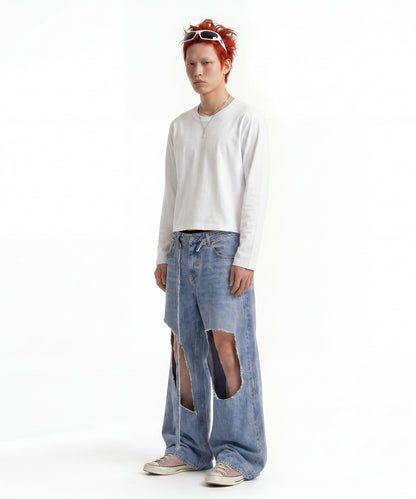 【C Wear シーウエア】Men's Crop Long Sleeve T-Shirt White