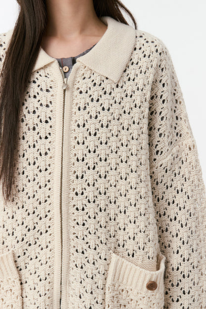 CROCHET KNIT ZIP-UP, CREAM