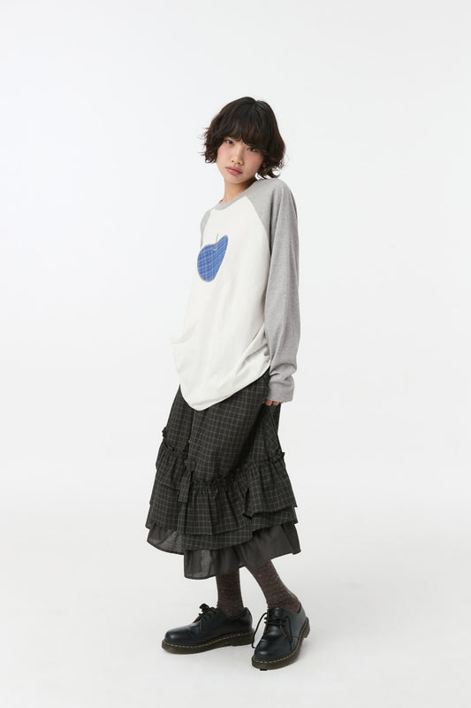 CHECK FRILL MIDI SKIRT, BROWN