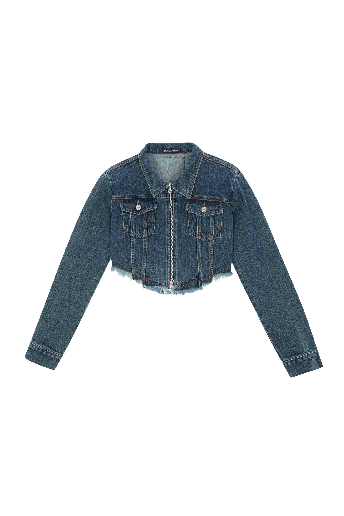 【MOMMANWA モンマンワ】DIAGONAL CROP DENIM JACKET (BLUE)