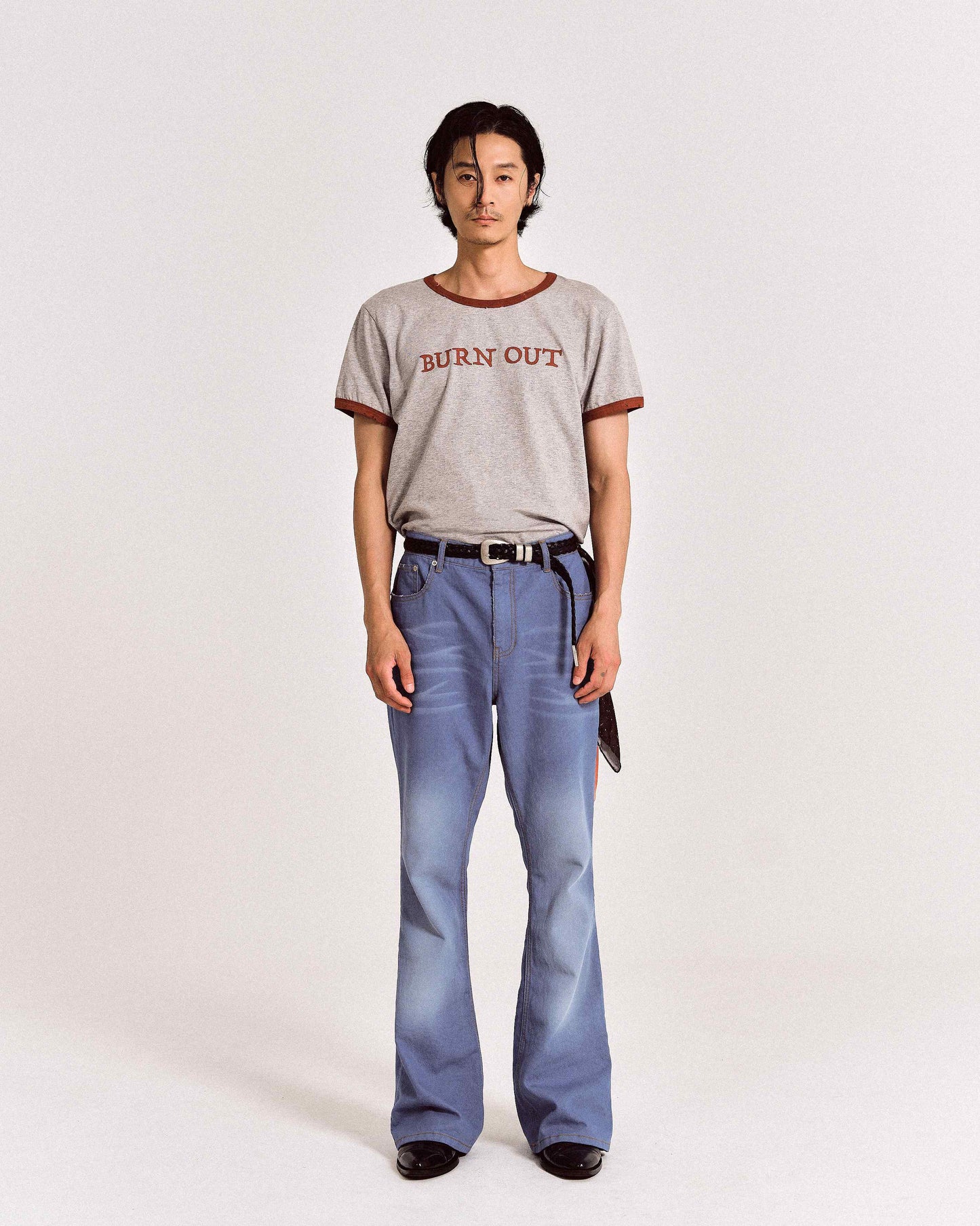 【REVURA レビュ―ラ】BURN OUT FRAY RINGER T-SHIRT GRAY / RED - UNISEX