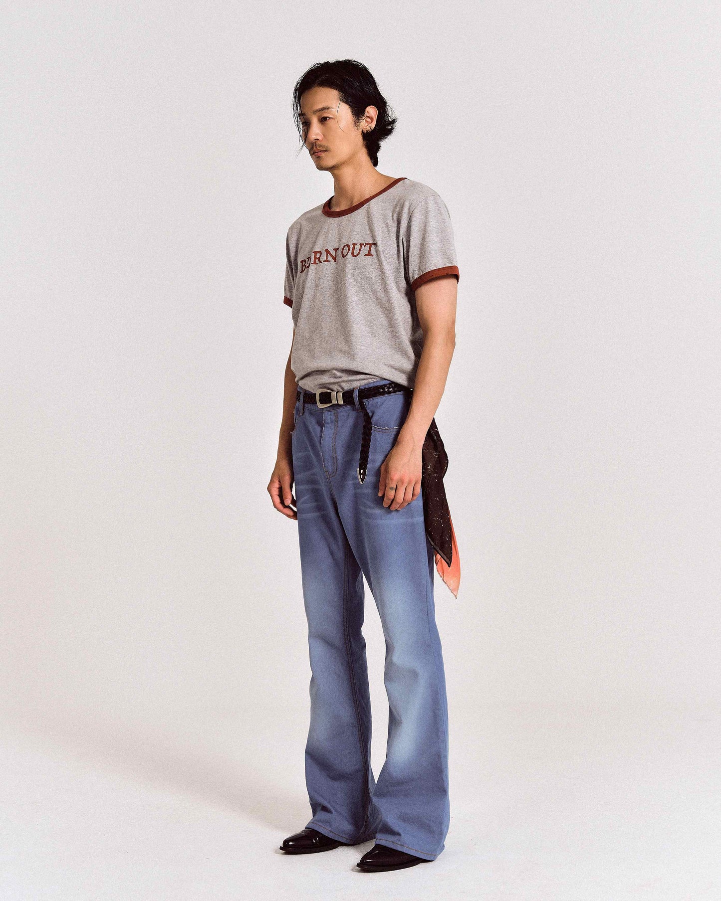 【REVURA レビュ―ラ】BURN OUT FRAY RINGER T-SHIRT GRAY / RED - UNISEX