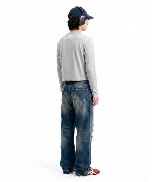 【C Wear シーウエア】Men's Crop Long Sleeve T-Shirt Gray