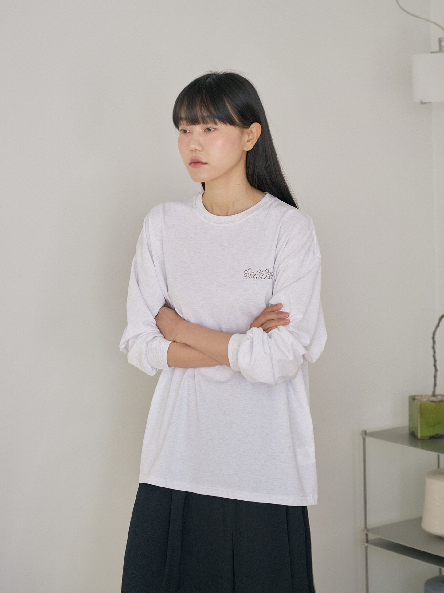 Flower Printing Long Sleeve - Light Gray