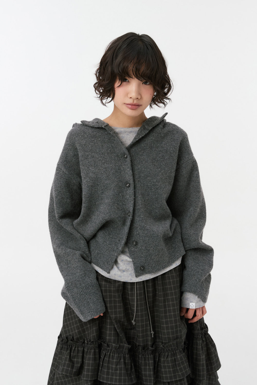 CROPPED HOODED HIGH NECK CARDIGAN, CHARCOAL