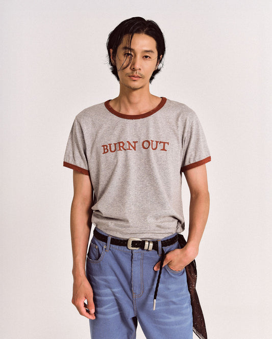 【REVURA レビュ―ラ】BURN OUT FRAY RINGER T-SHIRT GRAY / RED - UNISEX