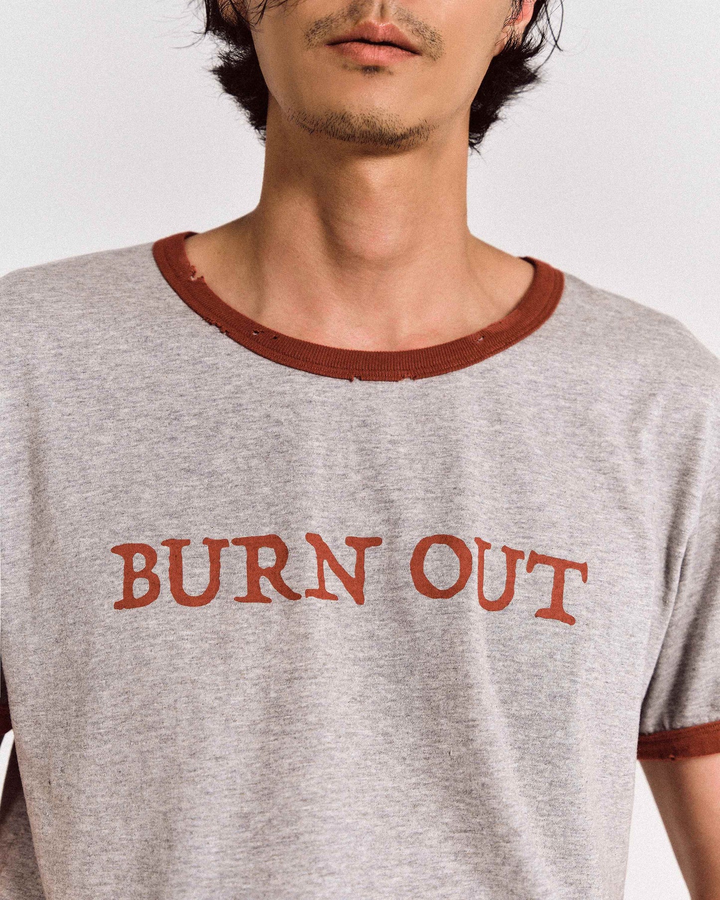 【REVURA レビュ―ラ】BURN OUT FRAY RINGER T-SHIRT GRAY / RED - UNISEX