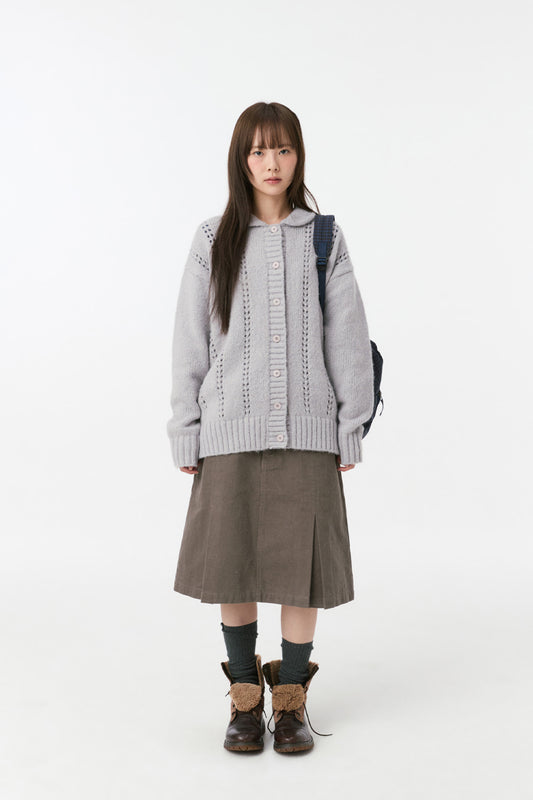 PUNCHING ROUND COLLAR CARDIGAN, LIGHT GRAY
