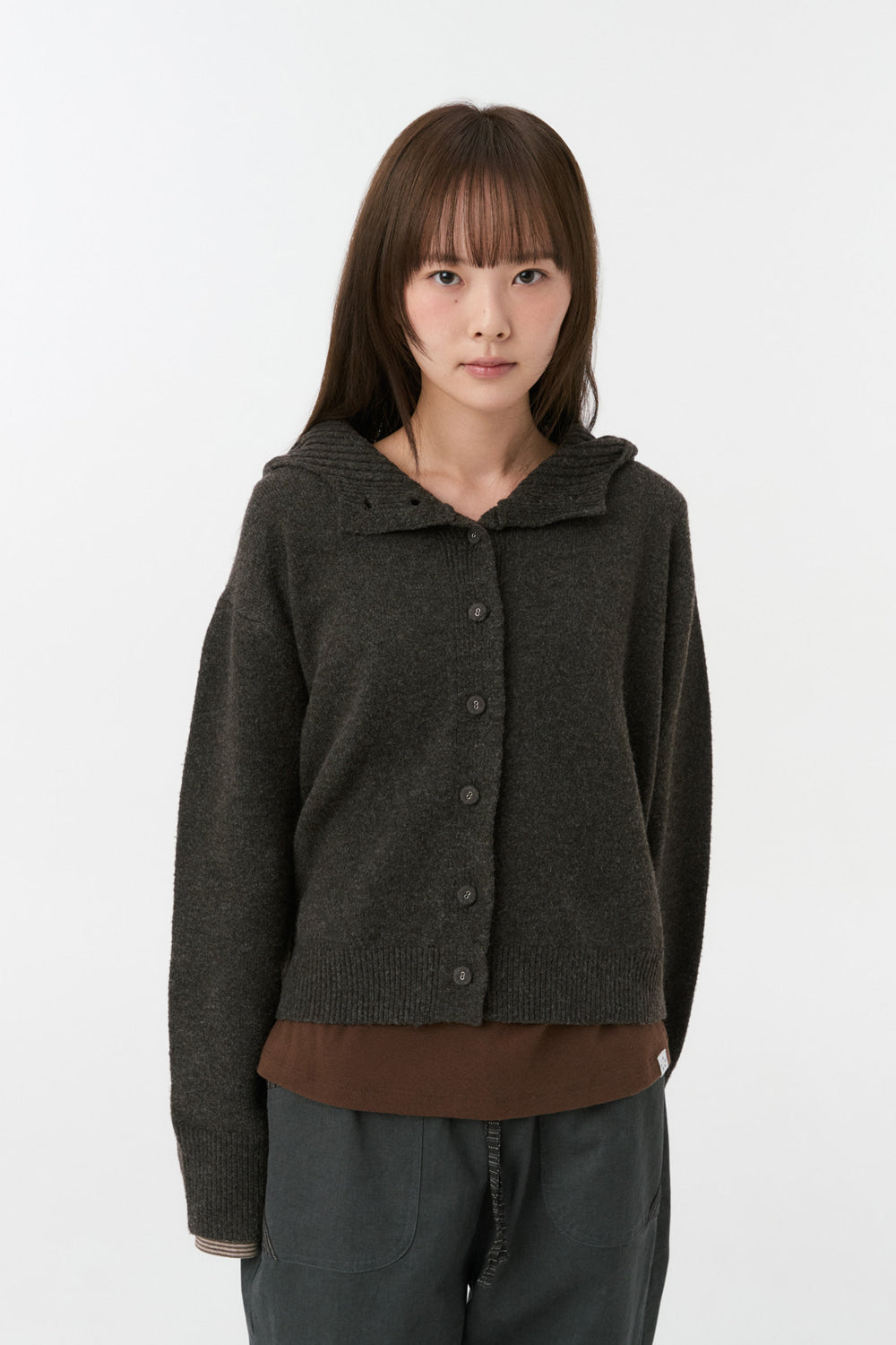 CROPPED HOODED HIGH NECK CARDIGAN, BROWN