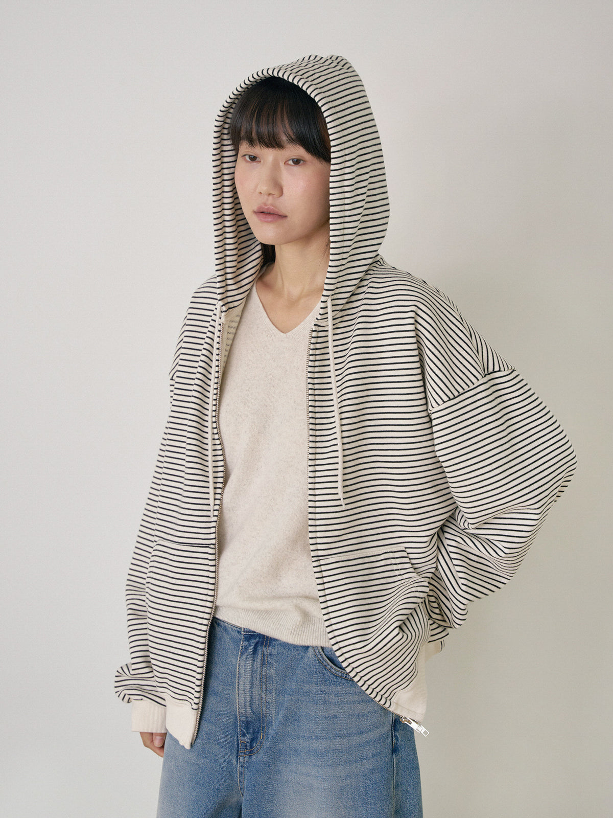 Stripe Hoodie Zip-up - Ivory 5