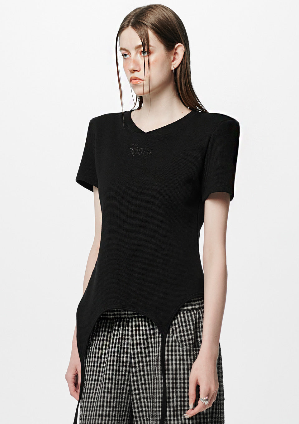 Shoulder-padded waffle T-shirt _ Black
