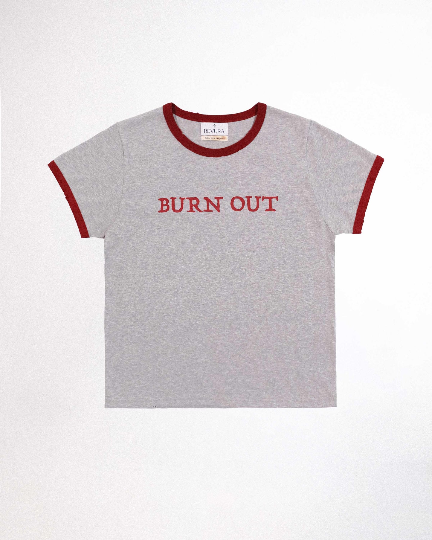 【REVURA レビュ―ラ】BURN OUT FRAY RINGER T-SHIRT GRAY / RED - UNISEX