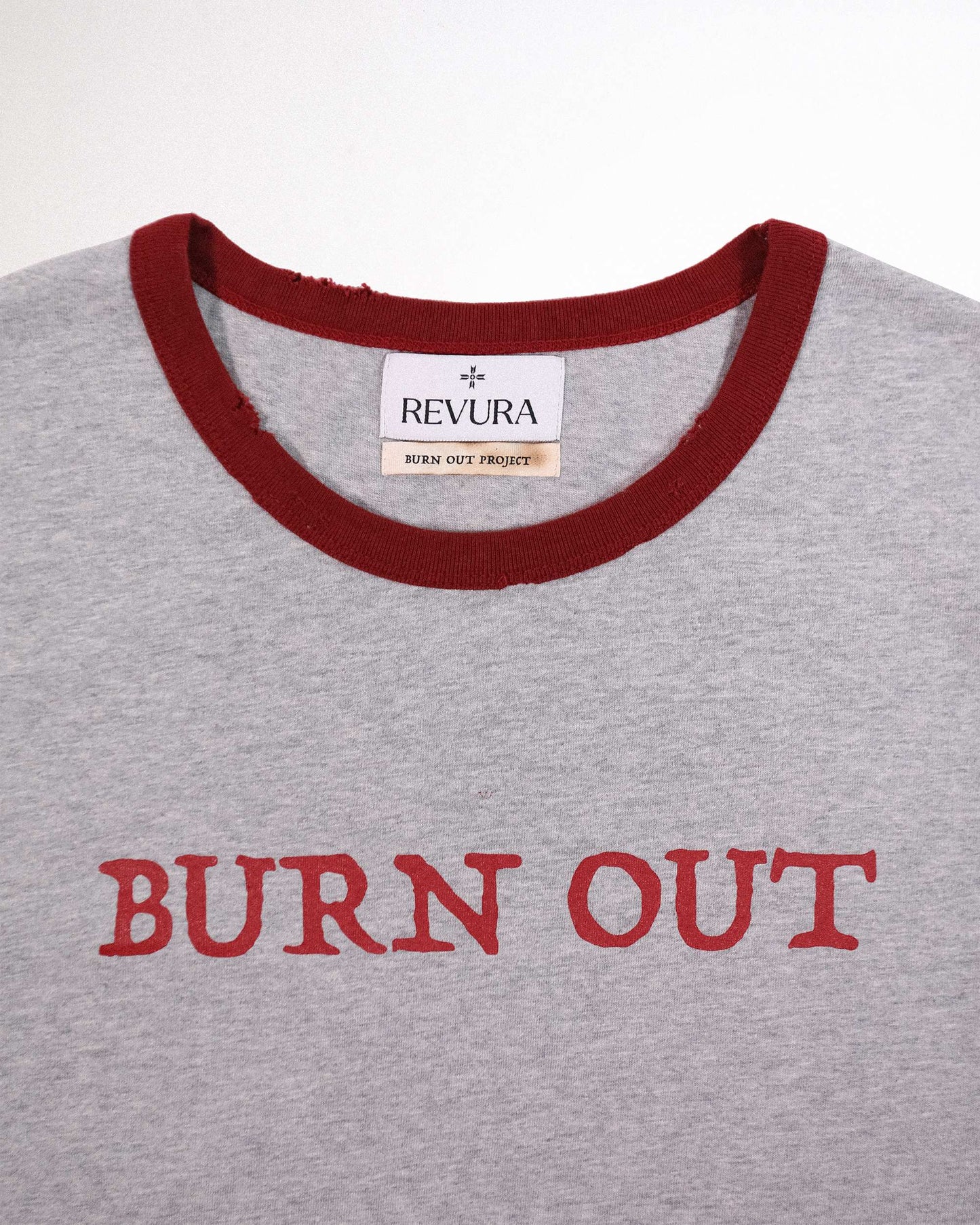 【REVURA レビュ―ラ】BURN OUT FRAY RINGER T-SHIRT GRAY / RED - UNISEX