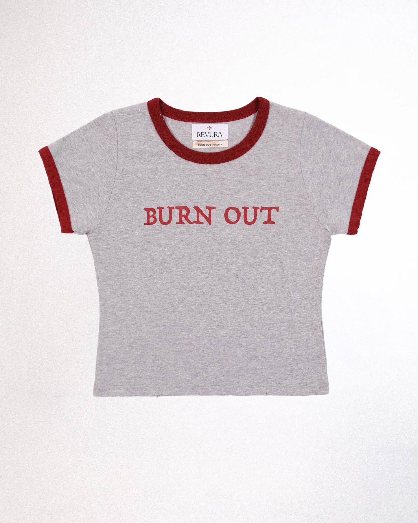 【REVURA レビュ―ラ】BURN OUT FRAY RINGER T-SHIRT GRAY / RED - S (W / CROP FIT)