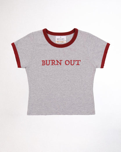 【REVURA レビュ―ラ】BURN OUT FRAY RINGER T-SHIRT GRAY / RED - S (W / CROP FIT)