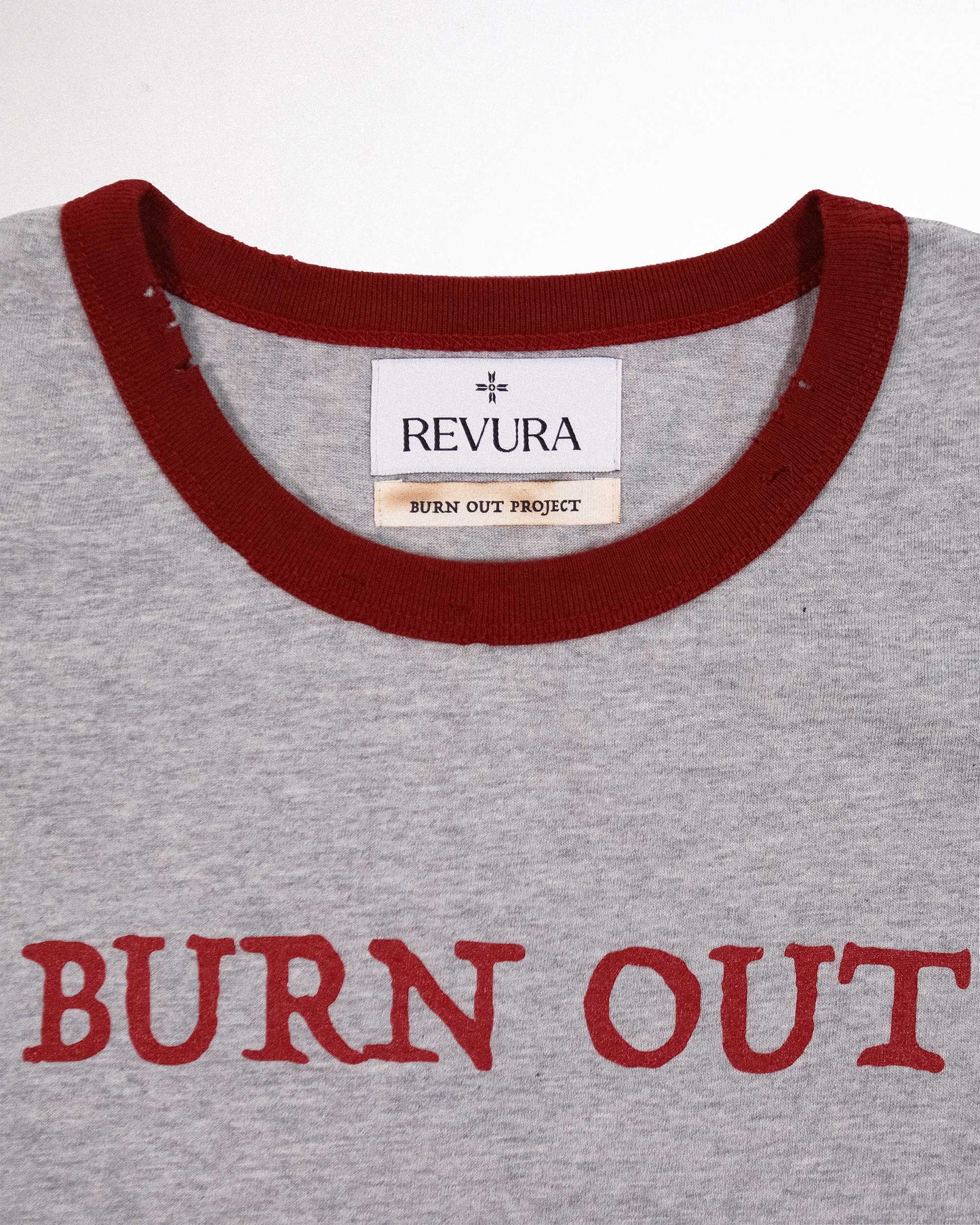 【REVURA レビュ―ラ】BURN OUT FRAY RINGER T-SHIRT GRAY / RED - S (W / CROP FIT)