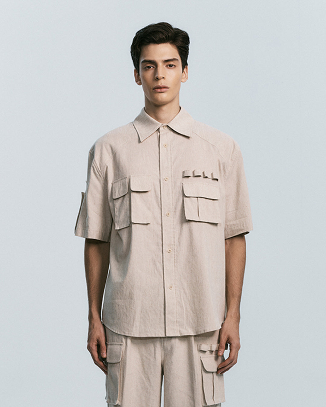 MULTI POCKET UTILITY HALF SLEEVE SHIRTS-OATMEAL 
