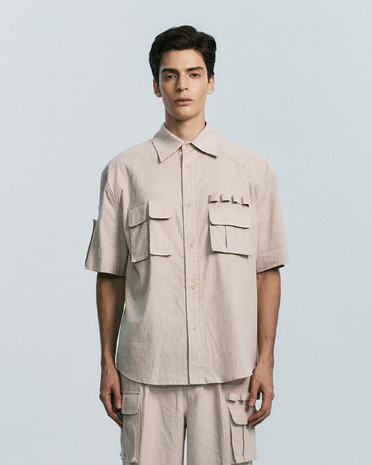 MULTI POCKET UTILITY HALF SLEEVE SHIRTS-OATMEAL 