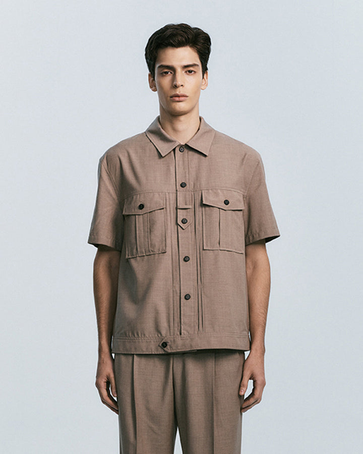 UTILITY PIN-TUCK HALF SLEEVE SHIRTS BROWN 