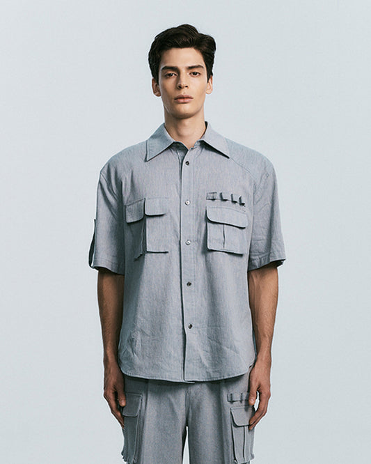 MULTI POCKET UTILITY HALF SLEEVE SHIRTS-BLUE 