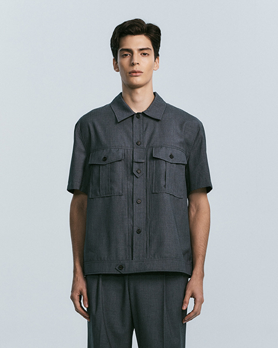 UTILITY PIN-TUCK HALF SLEEVE SHIRTS -GREY 