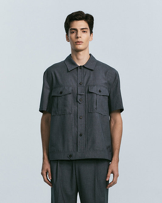 UTILITY PIN-TUCK HALF SLEEVE SHIRTS -GREY 