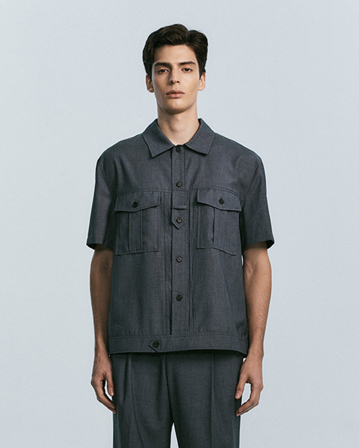 UTILITY PIN-TUCK HALF SLEEVE SHIRTS -GREY 