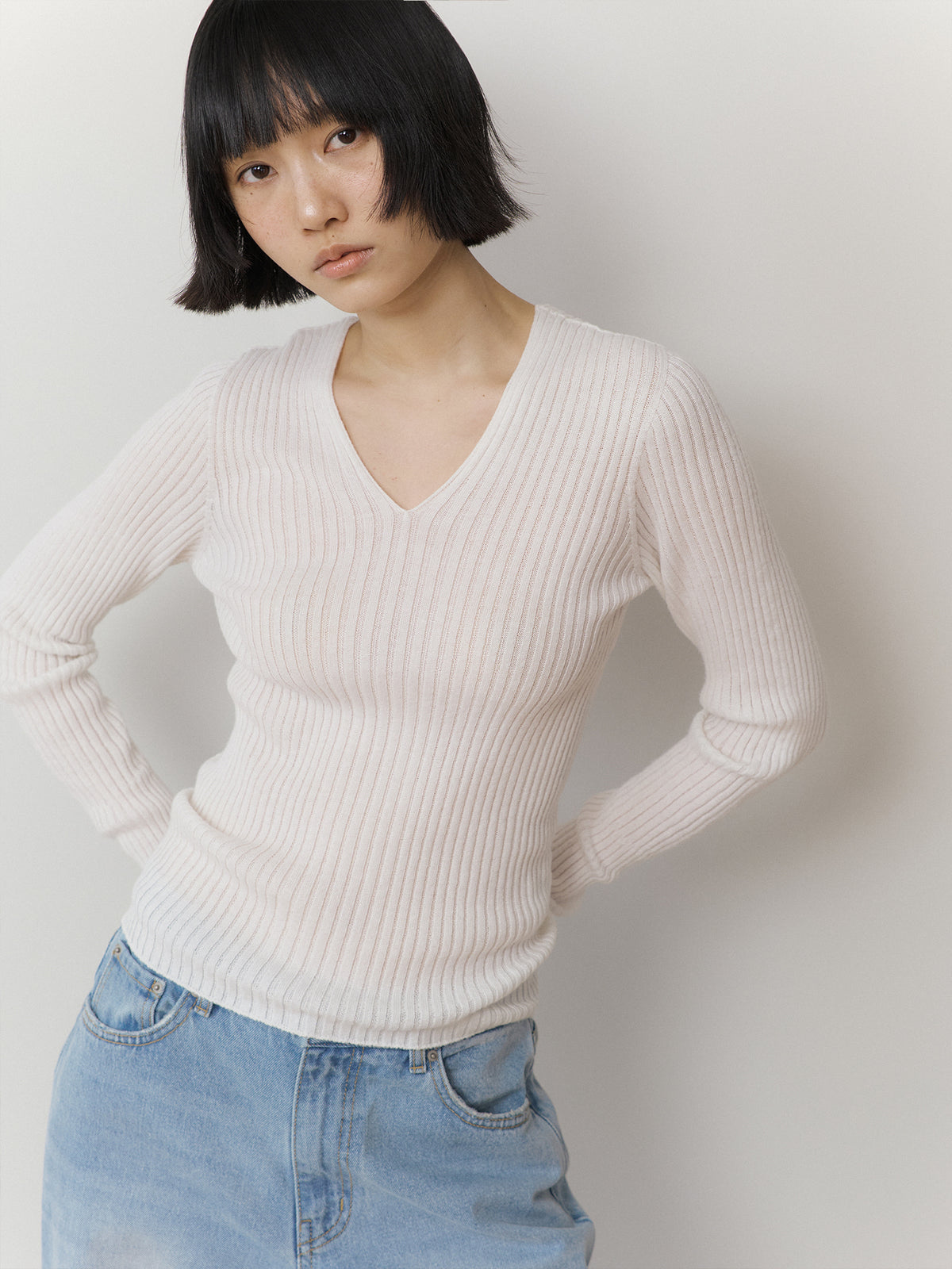 Double V-neck Rib Pullover - Ivory 2