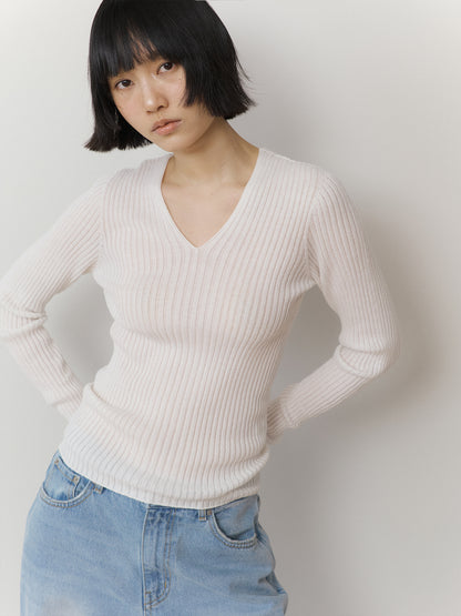 Double V-neck Rib Pullover - Ivory 2