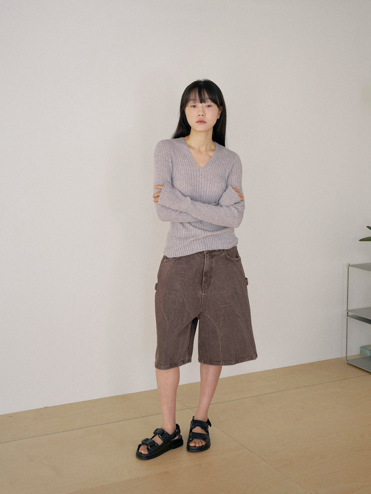 Double V-neck Rib Pullover - Gray 1