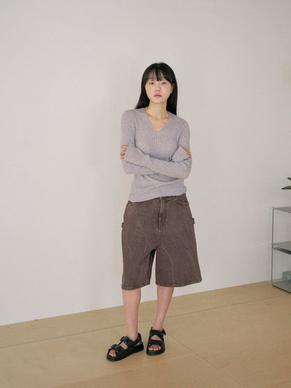 Double V-neck Rib Pullover - Gray 1