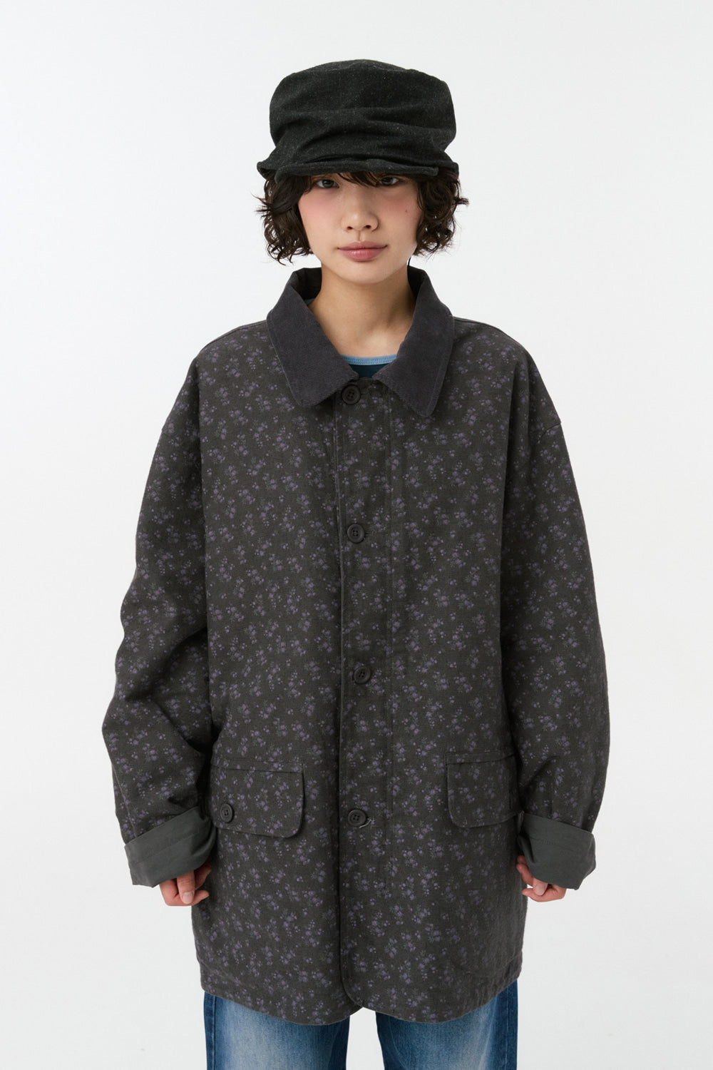 REVERSIBLE FLORAL COTTON JACKET, CHARCOAL