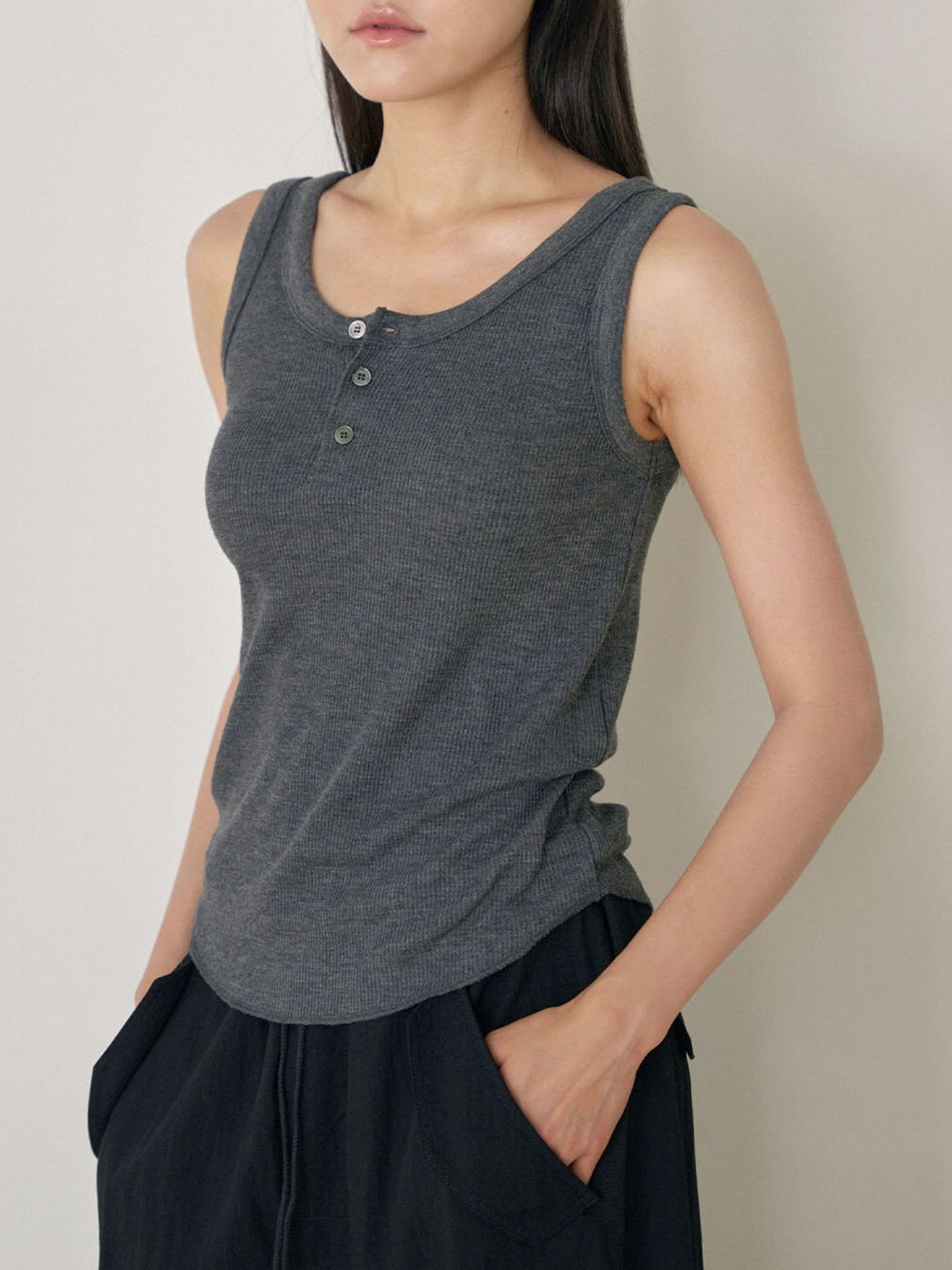 Waffle Button Sleeveless - Charcoal