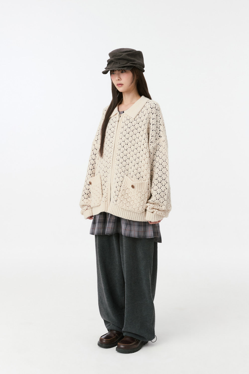 CROCHET KNIT ZIP-UP, CREAM