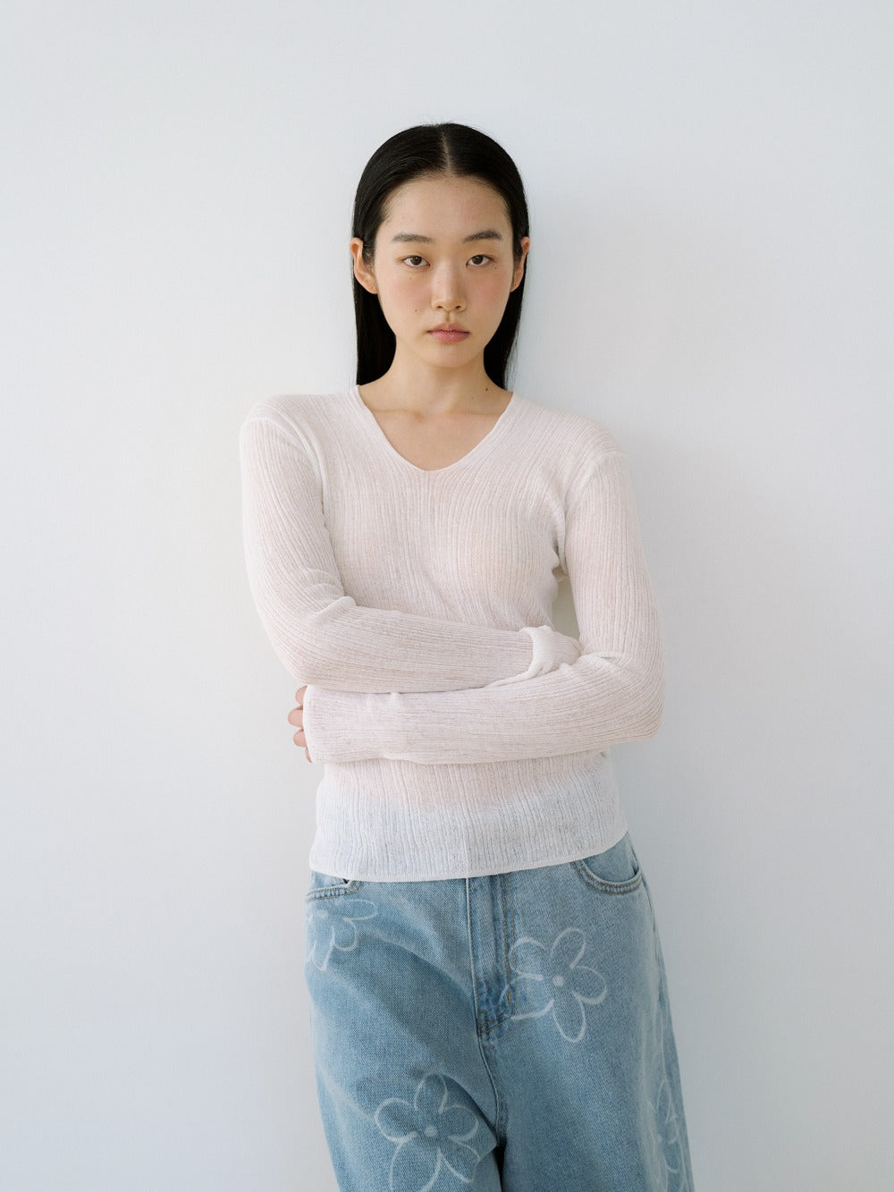 Multi Rib V-neck Pullover - Ivory