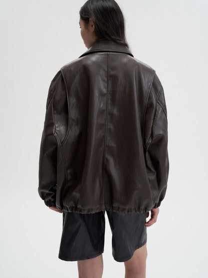 [MAGJAY]Soft Faux-Leather Blouson Jacket-BROWN