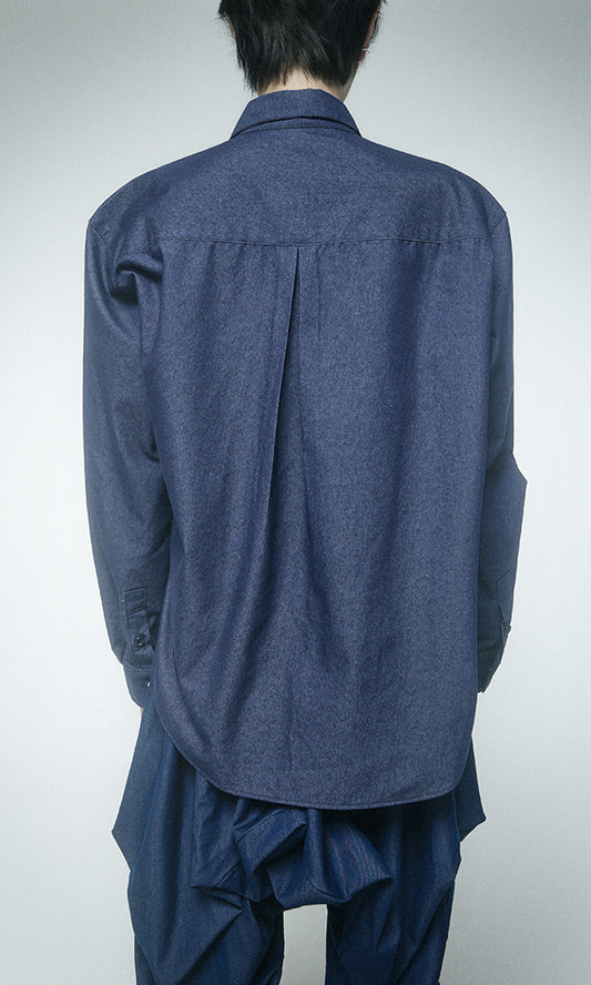 【Reculer レキュリー】Draping Basic long shirts Like denim Deep Blue