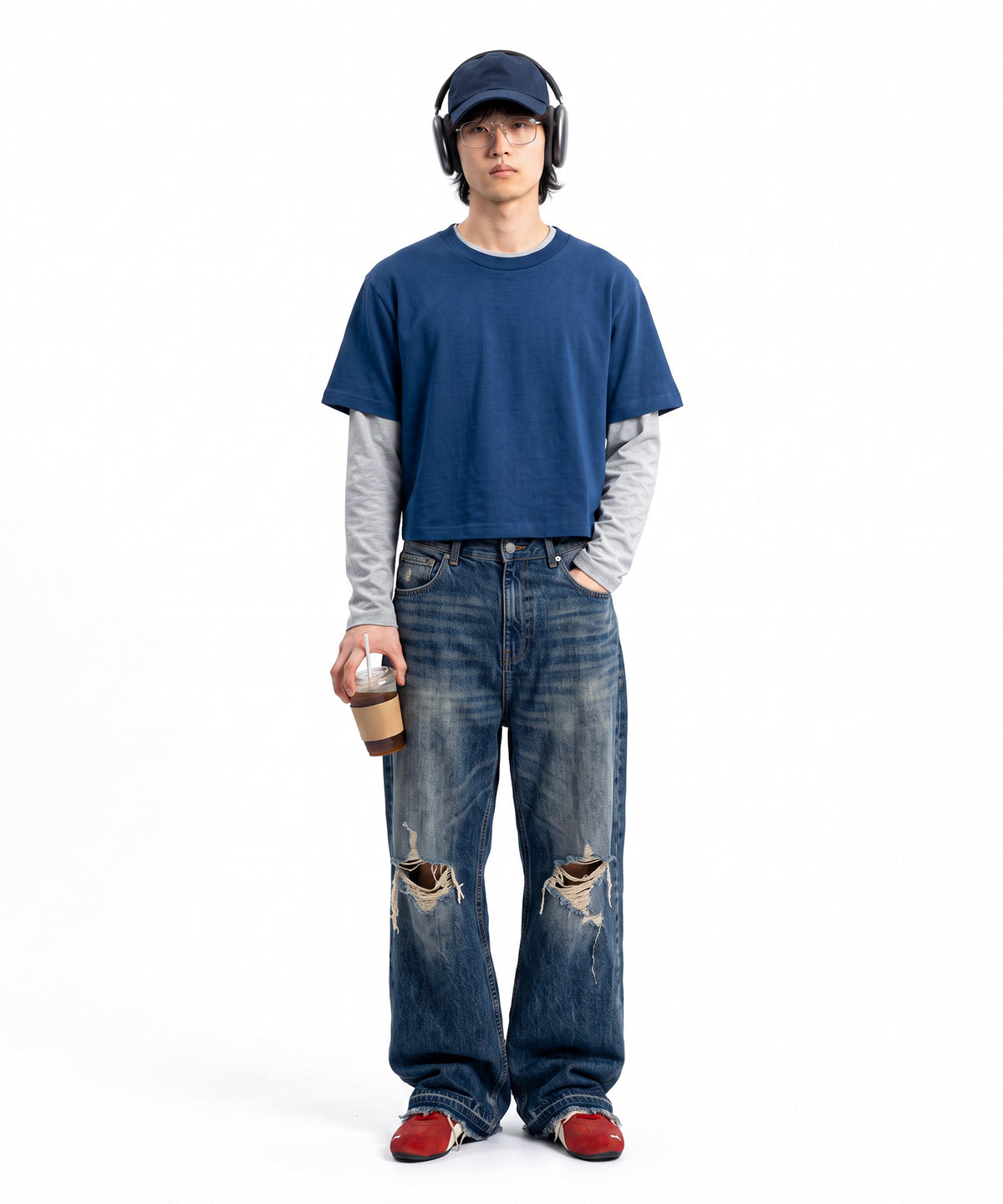 【C Wear シーウエア】Men's Crop Long Sleeve T-Shirt Gray