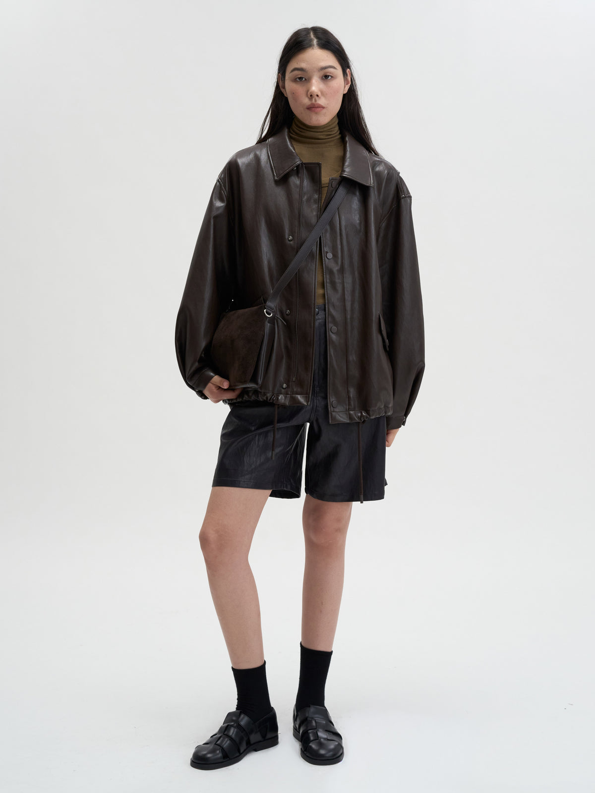 [MAGJAY]Soft Faux-Leather Blouson Jacket-BROWN