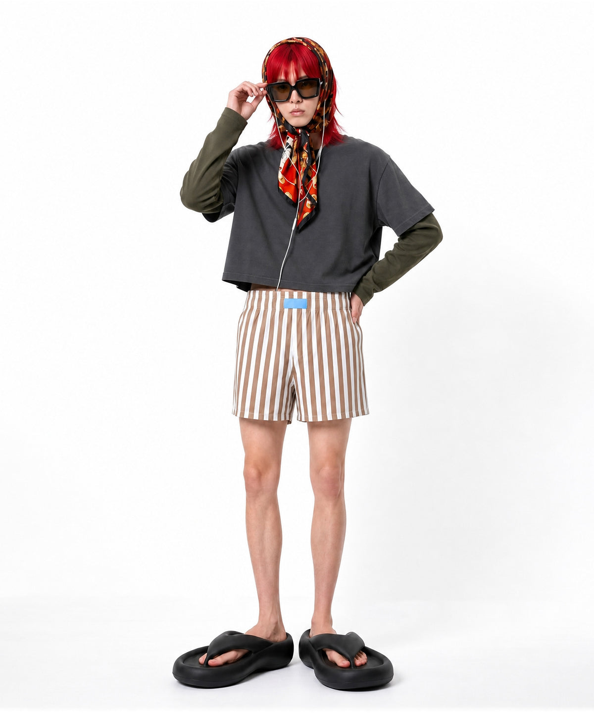 【C Wear シーウエア】Men's Crop Long Sleeve T-Shirt Khaki